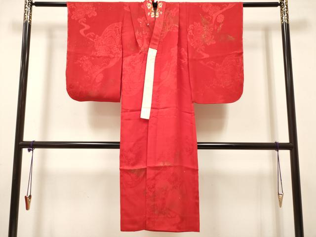 平和屋着物[]長襦袢　女の子　子供　袷　飛鶴　立波花地紋　猩々緋色　金彩　半衿刺繍　逸品　DABH5136ea