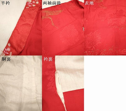 平和屋着物[]長襦袢　女の子　子供　袷　飛鶴　菊地紋　猩々緋色　金彩　半衿刺繍　DABH5143ea