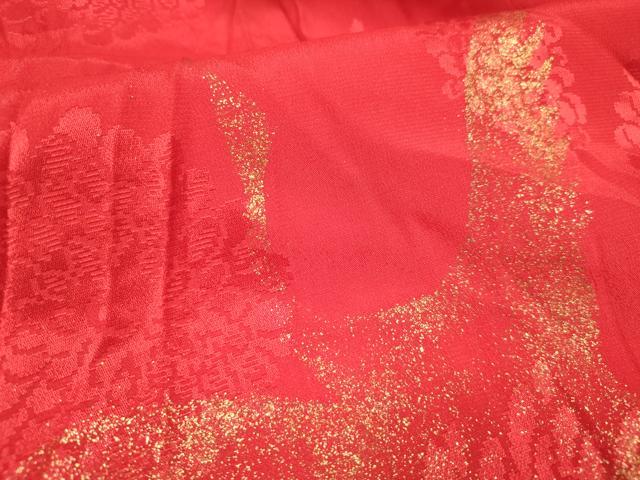平和屋着物[]長襦袢　女の子　子供　袷　飛鶴　菊地紋　猩々緋色　金彩　半衿刺繍　DABH5143ea