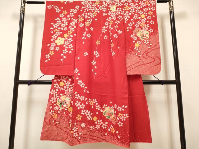平和屋着物[]七五三　女の子　７歳　祝着　四つ身　枝垂れ桜　花鞠文　金彩　DABH5144ea