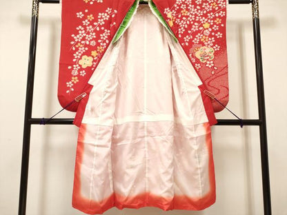 平和屋着物[]七五三　女の子　７歳　祝着　四つ身　枝垂れ桜　花鞠文　金彩　DABH5144ea