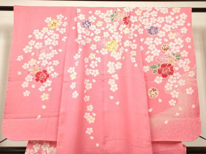 平和屋着物[]七五三　女の子　７歳　祝着　四つ身　舞桜文　金彩　DABH5145ea