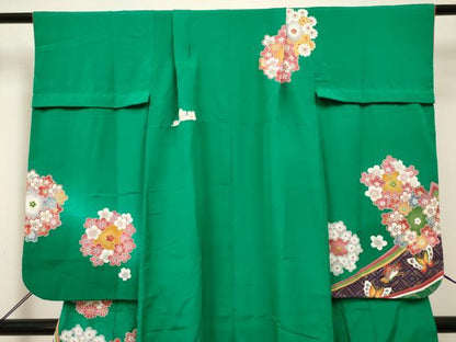 平和屋着物[]七五三　女の子　７歳　祝着　四つ身　舞蝶花車輪文　双鶴　暈し染め　金彩　逸品　DABH5146ea