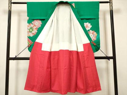 平和屋着物[]七五三　女の子　７歳　祝着　四つ身　舞蝶花車輪文　双鶴　暈し染め　金彩　逸品　DABH5146ea