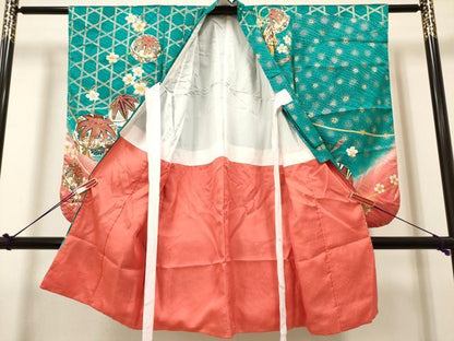 平和屋着物[]七五三　女の子　３歳　祝着　三つ身　蛇籠手毬桜文　暈し染め　金彩　逸品　DABH5147ea