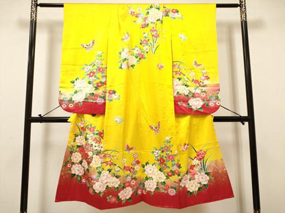 平和屋着物[]七五三　女の子　７歳　祝着　四つ身　舞蝶花鞠文　暈し染め　金彩　逸品　DABH5148ea