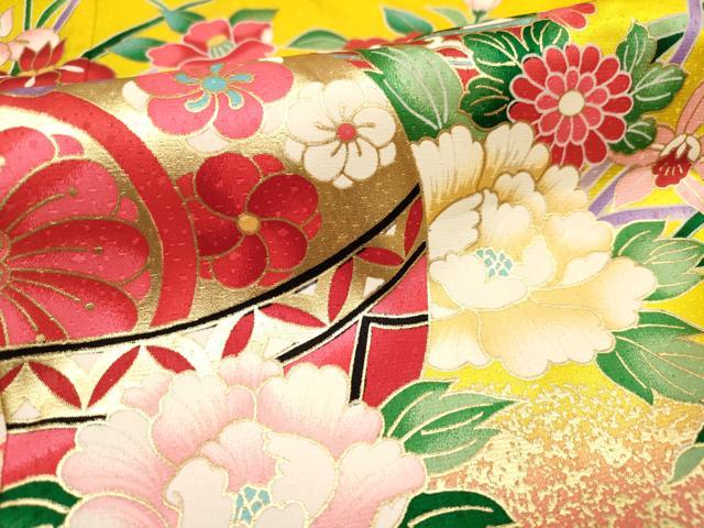 平和屋着物[]七五三　女の子　７歳　祝着　四つ身　舞蝶花鞠文　暈し染め　金彩　逸品　DABH5148ea
