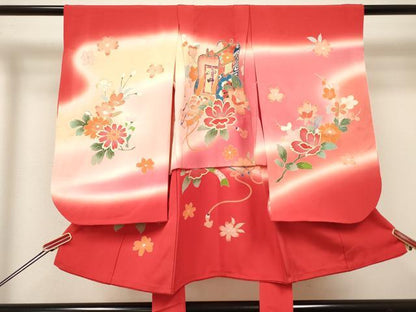 平和屋着物[]七五三　女の子　３歳　祝着　三つ身　御所車花文　暈し染め　金彩　逸品　DABH5150ea