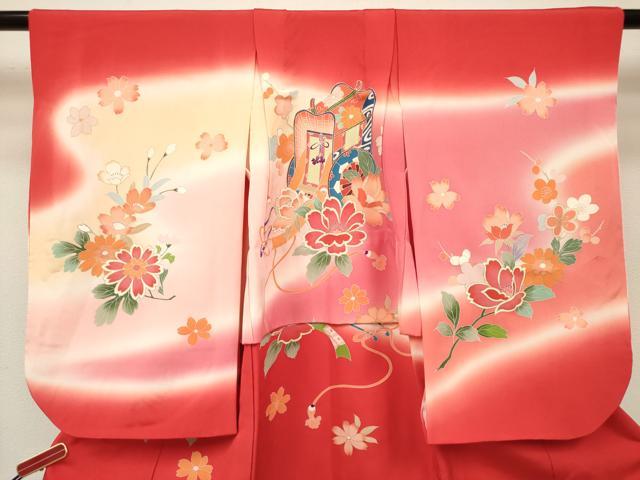 平和屋着物[]七五三　女の子　３歳　祝着　三つ身　御所車花文　暈し染め　金彩　逸品　DABH5150ea