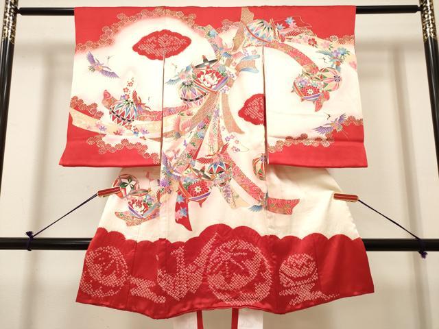 平和屋着物[]お宮参り　女の子　祝着　産着　初着　のしめ　絞り　束ね熨斗花鞠文　飛鶴　暈し染め　金銀彩　逸品　DABH5155ea