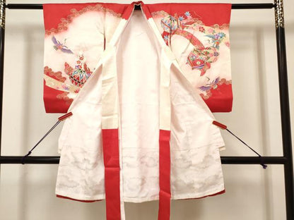 平和屋着物[]お宮参り　女の子　祝着　産着　初着　のしめ　絞り　束ね熨斗花鞠文　飛鶴　暈し染め　金銀彩　逸品　DABH5155ea