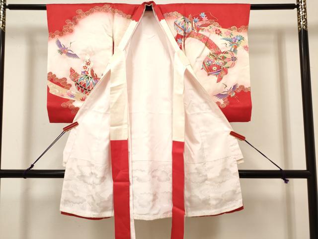 平和屋着物[]お宮参り　女の子　祝着　産着　初着　のしめ　絞り　束ね熨斗花鞠文　飛鶴　暈し染め　金銀彩　逸品　DABH5155ea