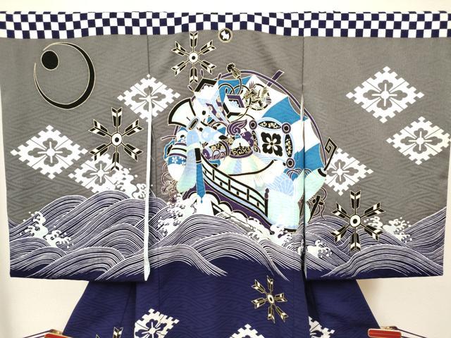 平和屋着物[]お宮参り　男の子　POM PONETTE　祝着　産着　初着　のしめ　立波宝船文　金彩　洗える着物　DABH5156ea