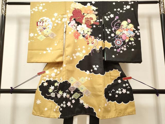 平和屋着物[]お宮参り　男の子　祝着　産着　初着　のしめ　刺繍　唐獅子花文　宝尽くし　黒地　金彩　未使用　DABH5158ea　