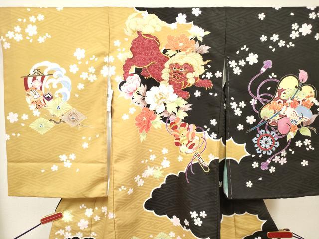 平和屋着物[]お宮参り　男の子　祝着　産着　初着　のしめ　刺繍　唐獅子花文　宝尽くし　黒地　金彩　未使用　DABH5165ea　