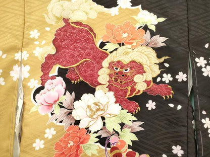 平和屋着物[]お宮参り　男の子　祝着　産着　初着　のしめ　刺繍　唐獅子花文　宝尽くし　黒地　金彩　未使用　DABH5158ea　