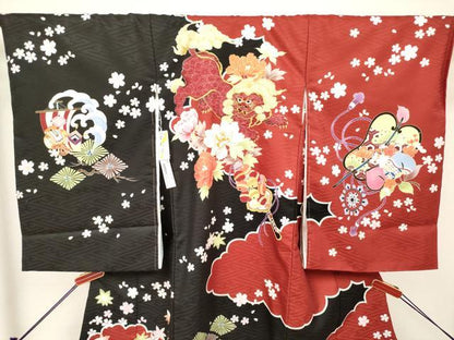 平和屋着物[]お宮参り　男の子　祝着　産着　初着　のしめ　刺繍　唐獅子花文　宝尽くし　黒地　金彩　未使用　DABH5171ea　
