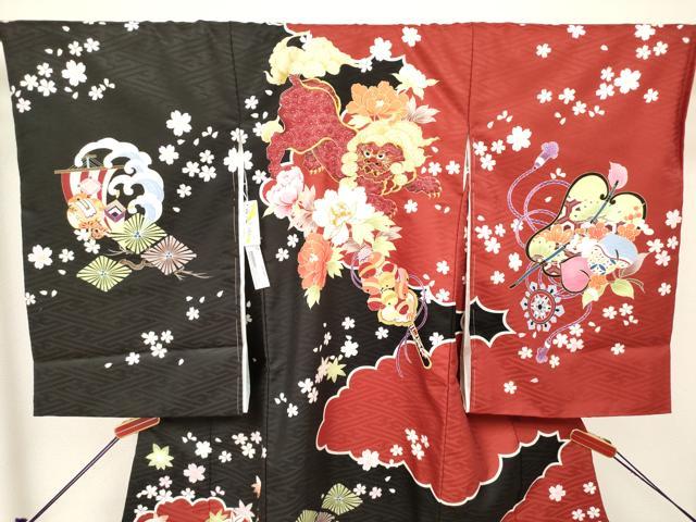 平和屋着物[]お宮参り　男の子　祝着　産着　初着　のしめ　刺繍　唐獅子花文　宝尽くし　黒地　金彩　未使用　DABH5178ea