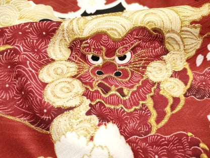 平和屋着物[]お宮参り　男の子　祝着　産着　初着　のしめ　刺繍　唐獅子花文　宝尽くし　黒地　金彩　未使用　DABH5177ea