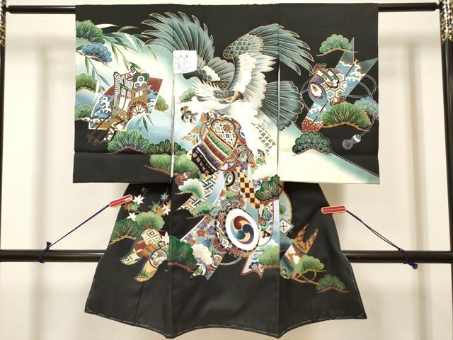平和屋着物[]お宮参り　男の子　祝着　産着　初着　のしめ　鷹　鷲　楽器松文　暈し染め　金彩　洗える着物　未使用　DABH5179ea