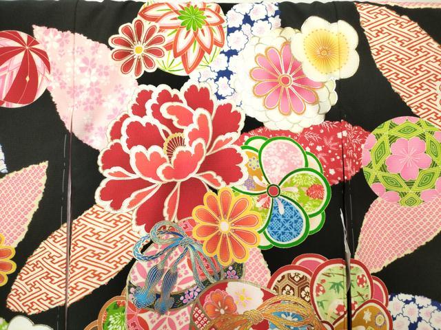 平和屋着物[]お宮参り　女の子　はいばら　祝着　産着　初着　のしめ　花鞠文　黒地　金彩　洗える着物　未使用　DABH5182ea
