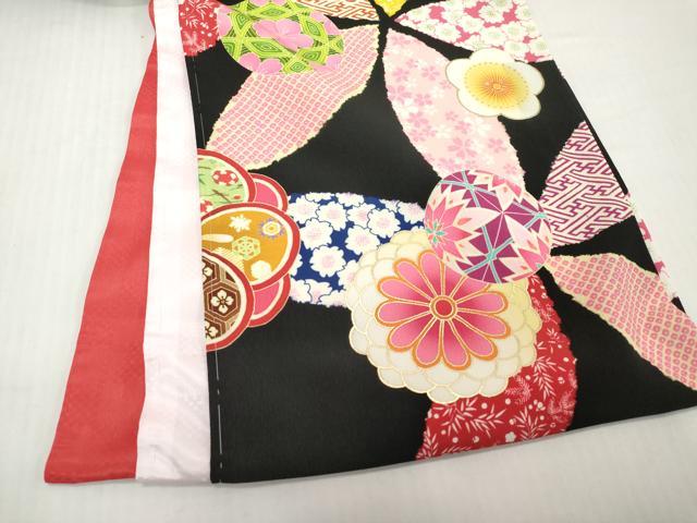 平和屋着物[]お宮参り　女の子　はいばら　祝着　産着　初着　のしめ　花鞠文　黒地　金彩　洗える着物　未使用　DABH5182ea