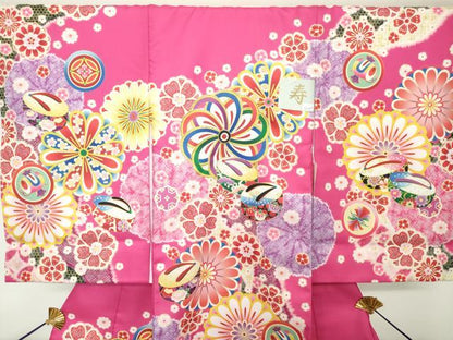 平和屋着物[]お宮参り　女の子　祝着　産着　初着　のしめ　刺繍　ぽっくり　舞花文　家紋散らし　金糸　未使用　DABH5183ea