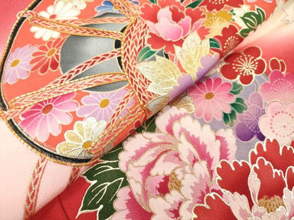 平和屋着物[]お宮参り　女の子　祝着　産着　初着　のしめ　駒刺繍　童子遊び　鼓花文　暈し染め　金彩　逸品　DABH5185ea