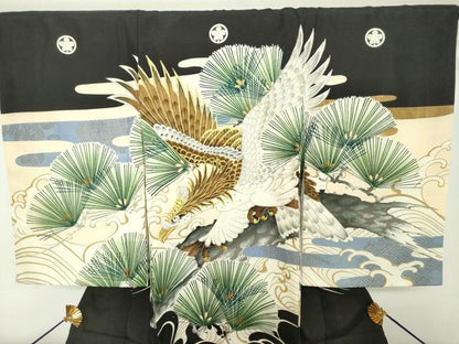 平和屋着物[]お宮参り　男の子　祝着　産着　初着　のしめ　刺繍　鷹　鷲　立波松文　金彩　逸品　DABH5189ea