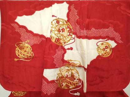 平和屋着物[]七五三　女の子　３歳　祝着　三つ身　駒刺繍　絞り　手毬文　逸品　DABH5191ea