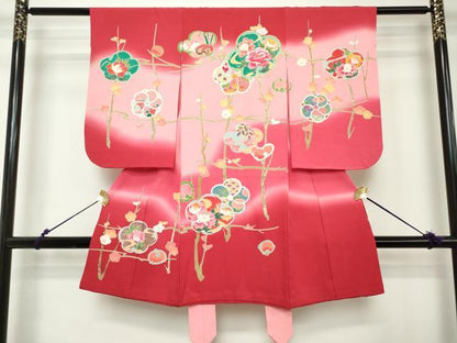 平和屋着物[]七五三　女の子　３歳　祝着　三つ身　駒刺繍　枝梅文　暈し染め　金銀彩　逸品　DABH5197ea