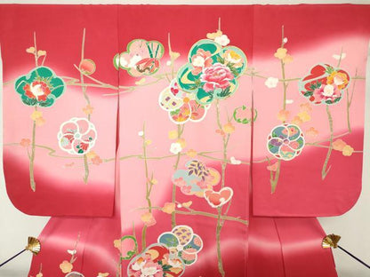 平和屋着物[]七五三　女の子　３歳　祝着　三つ身　駒刺繍　枝梅文　暈し染め　金銀彩　逸品　DABH5197ea