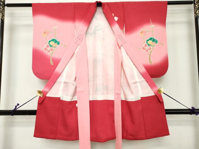 平和屋着物[]七五三　女の子　３歳　祝着　三つ身　駒刺繍　枝梅文　暈し染め　金銀彩　逸品　DABH5197ea