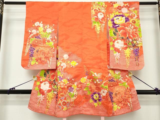 平和屋着物[]七五三　女の子　３歳　祝着　三つ身　刺繍　鼓牡丹花文　金彩　逸品　DABH5198ea