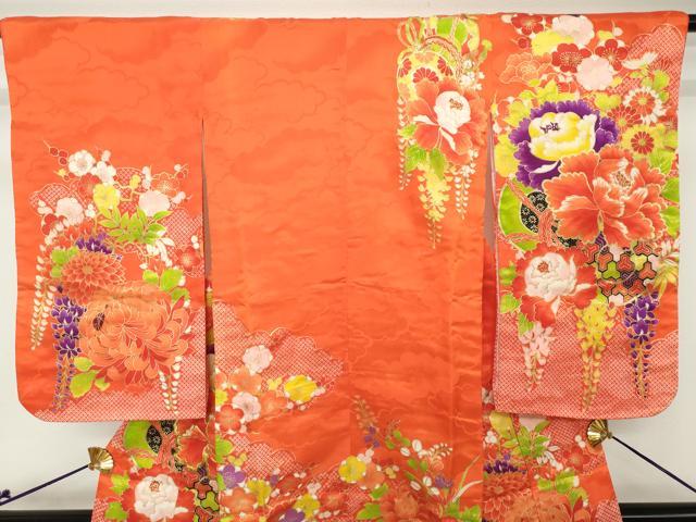 平和屋着物[]七五三　女の子　３歳　祝着　三つ身　刺繍　鼓牡丹花文　金彩　逸品　DABH5198ea