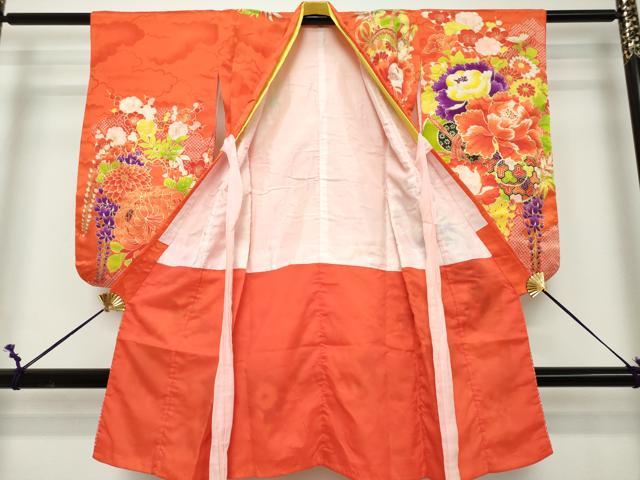 平和屋着物[]七五三　女の子　３歳　祝着　三つ身　刺繍　鼓牡丹花文　金彩　逸品　DABH5198ea