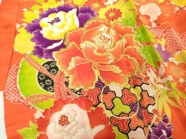 平和屋着物[]七五三　女の子　３歳　祝着　三つ身　刺繍　鼓牡丹花文　金彩　逸品　DABH5198ea
