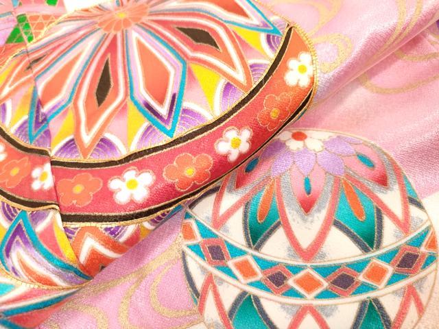平和屋着物[]七五三　女の子　７歳　祝着　四つ身　駒刺繍　枝垂れ桜　手毬文　暈し染め　金彩　洗える着物　DABH5200ea