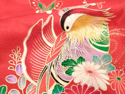 平和屋着物[]七五三　女の子　７歳　祝着　四つ身　襦袢付き　鴛鴦花文　金彩　逸品　DABH5207ea