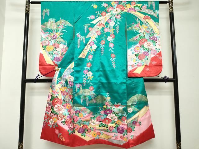 平和屋着物[]七五三 女の子 ７歳 祝着 四つ身 束ね熨斗花松文 枝垂れ桜 金彩 DABH5208ea