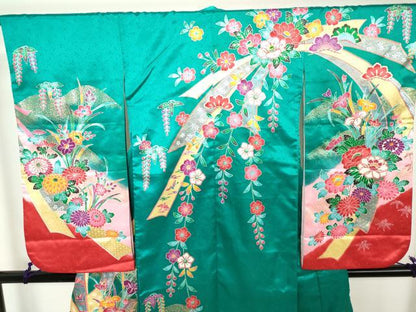 平和屋着物[]七五三 女の子 ７歳 祝着 四つ身 束ね熨斗花松文 枝垂れ桜 金彩 DABH5208ea