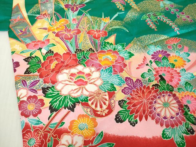 平和屋着物[]七五三 女の子 ７歳 祝着 四つ身 束ね熨斗花松文 枝垂れ桜 金彩 DABH5208ea