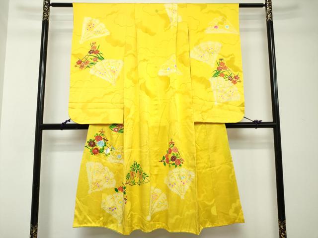 平和屋着物[]七五三　女の子　７歳　祝着　四つ身　駒刺繍　絞り　扇面枝花文　金彩　逸品　DABH5209ea