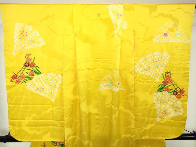 平和屋着物[]七五三　女の子　７歳　祝着　四つ身　駒刺繍　絞り　扇面枝花文　金彩　逸品　DABH5209ea