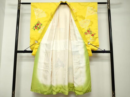 平和屋着物[]七五三　女の子　７歳　祝着　四つ身　駒刺繍　絞り　扇面枝花文　金彩　逸品　DABH5209ea