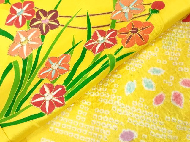 平和屋着物[]七五三　女の子　７歳　祝着　四つ身　駒刺繍　絞り　扇面枝花文　金彩　逸品　DABH5209ea