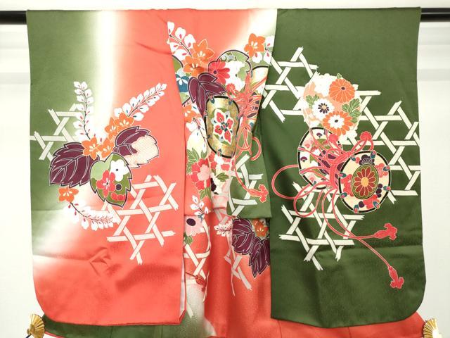 平和屋着物[]七五三　女の子　３歳　祝着　三つ身　蛇籠　鼓桐花文　暈し染め　金彩　逸品　DABH5210ea