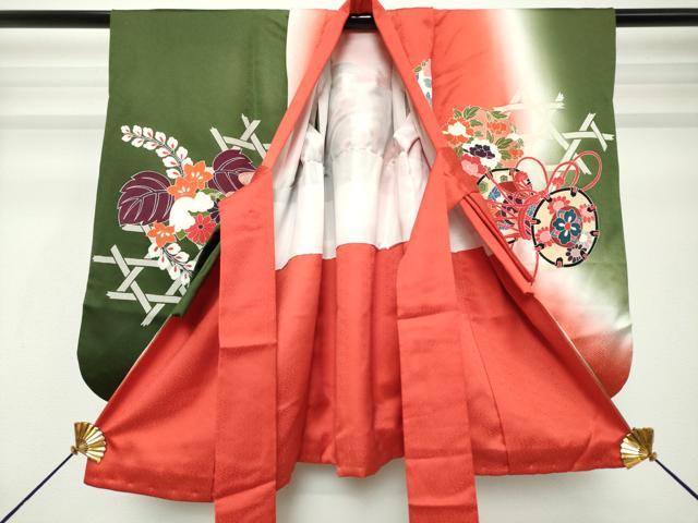 平和屋着物[]七五三　女の子　３歳　祝着　三つ身　蛇籠　鼓桐花文　暈し染め　金彩　逸品　DABH5210ea