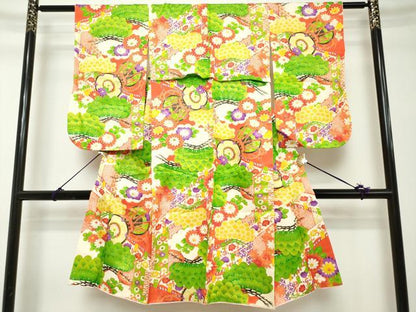 平和屋着物[]七五三　女の子　７歳　祝着　四つ身　鼓花松文　金彩　逸品　DABH5211ea