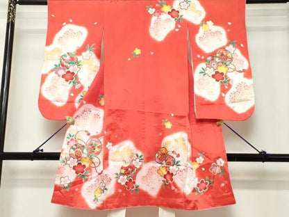 平和屋着物[]七五三　女の子　３歳　祝着　三つ身　鼓鈴花文　舞桜　暈し染め　金彩　DABH5212ea